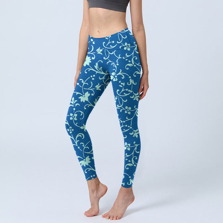 Buddha Stones Vine Plants Flowers Print Gym Leggings Women's Yoga Pants - SteelBlue - US18,UK/AU22,EU50 (4XL) - image 1
