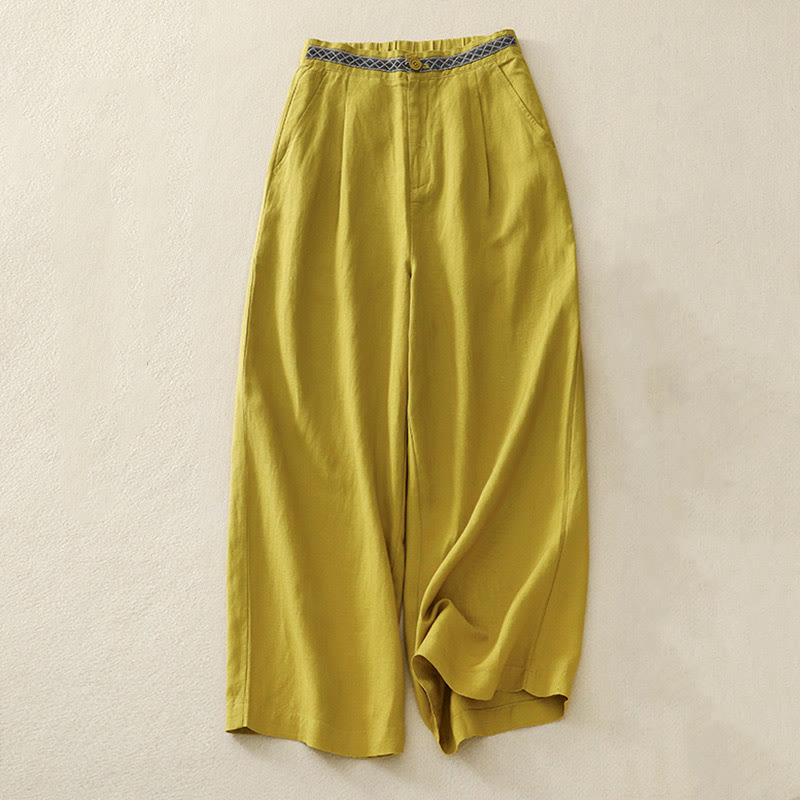 Buddha Stones Solid Color Front Button Back Elastic Cotton Linen Women's Pants With Pockets - Yellow - US8-10,UK/AU12-14,EU40-42 (2XL) - image 10