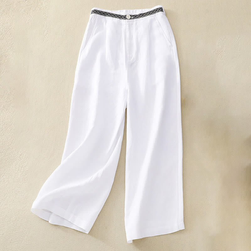 Buddha Stones Solid Color Front Button Back Elastic Cotton Linen Women's Pants With Pockets - White - US8-10,UK/AU12-14,EU40-42 (2XL) - image 24