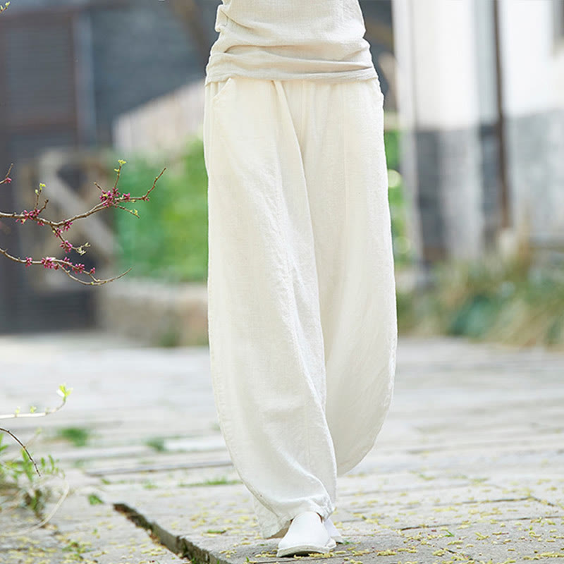Buddha Stones Casual Plain Color Elastic Waistband Fleece Lined Cotton Ramie Women's Pants With Pockets - White - US4,UK/AU8,EU36 (L) - image 21