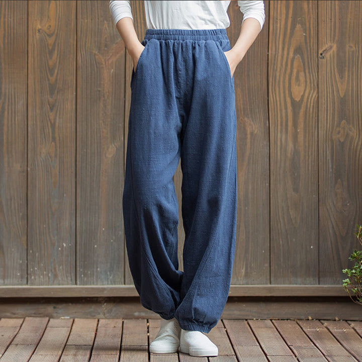 Buddha Stones Casual Solid Plain Color Carrot Elastic Waistband Cotton Ramie Women's Pants With Pockets - DarkBlue - US4,UK/AU8,EU36 (L) - image 38