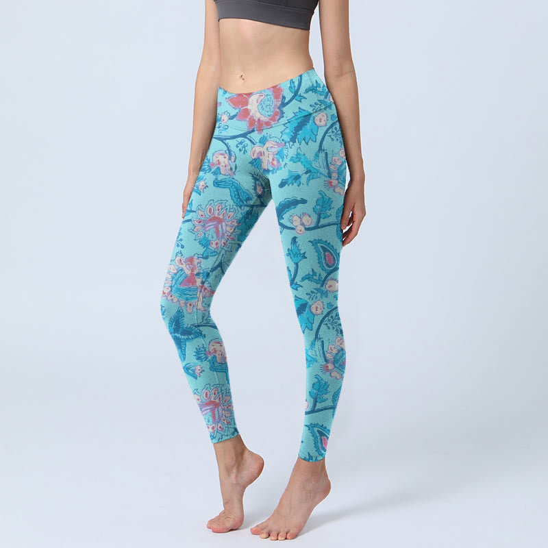 Buddha Stones Blue Red Flowers Leaves Print Gym Leggings Women's Yoga Pants - SkyBlue - US18,UK/AU22,EU50 (4XL) - image 1