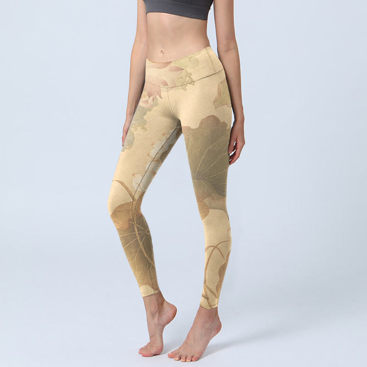 Buddha Stones Lotus Flowers Leaves Print Gym Leggings Women's Yoga Pants - PaleGoldenrod - US18,UK/AU22,EU50 (4XL) - image 1