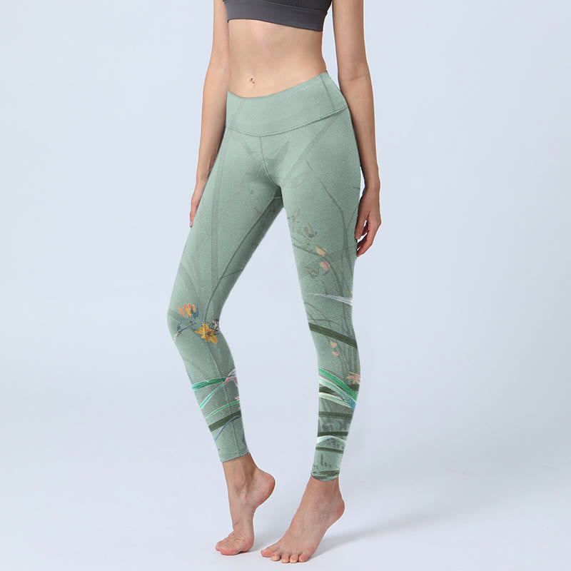 Buddha Stones White Pink Orchids Leaves Print Gym Leggings Women's Yoga Pants - MediumAquamarine - US18,UK/AU22,EU50 (4XL) - image 1