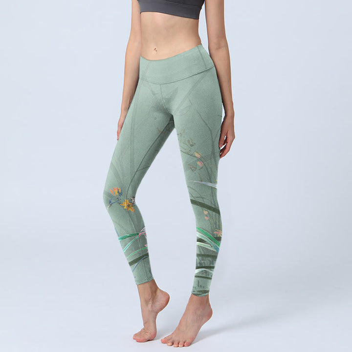 Buddha Stones White Pink Orchids Leaves Print Gym Leggings Women's Yoga Pants - MediumAquamarine - US18,UK/AU22,EU50 (4XL) - image 1