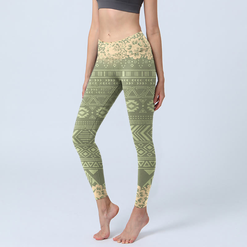 Buddha Stones Flowers Geometric Shapes Gym Leggings Women's Yoga Pants - YellowGreen - US18,UK/AU22,EU50 (4XL) - image 1
