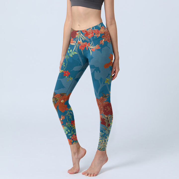 Buddha Stones Blue Red Flowers Birds Print Gym Leggings Women's Yoga Pants - SteelBlue - US18,UK/AU22,EU50 (4XL) - image 1
