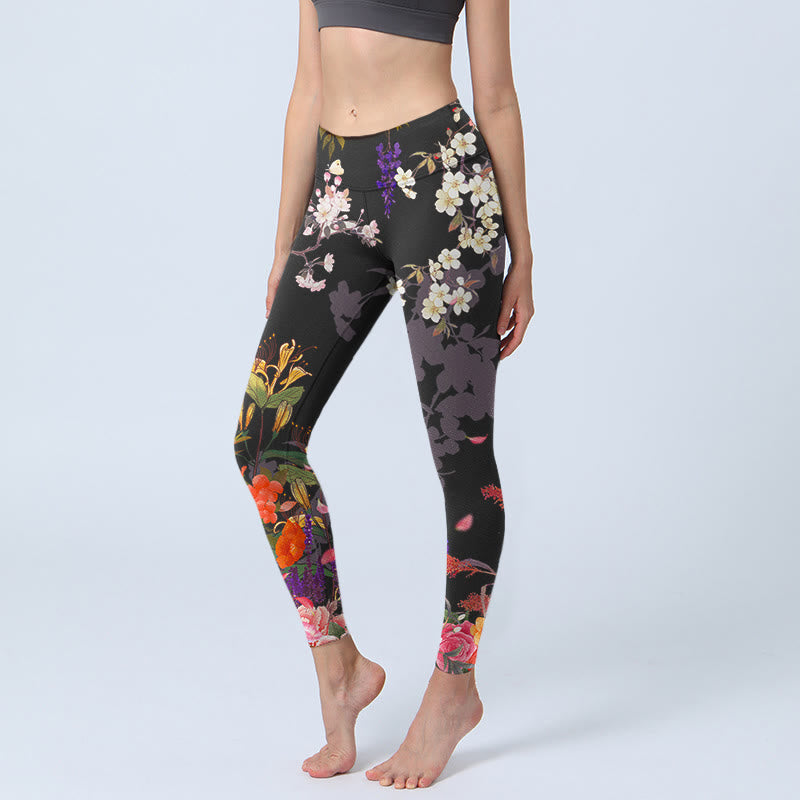 Buddha Stones Black Colorful Flowers Print Gym Leggings Women's Yoga Pants - Black - US18,UK/AU22,EU50 (4XL) - image 1