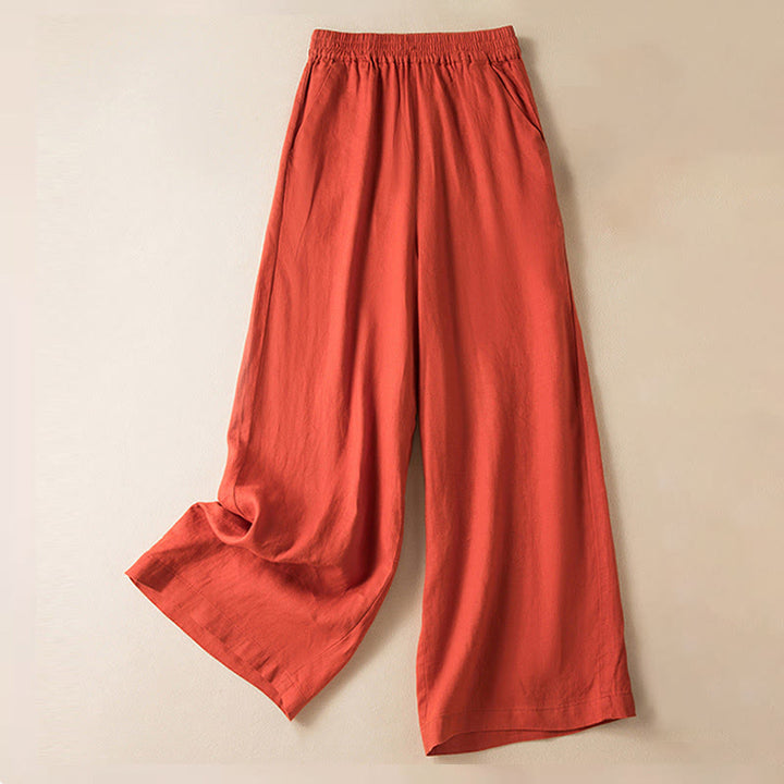 Buddha Stones Casual Solid Color Cotton Linen Women's Wide Leg Pants With Pockets - OrangeRed - US12,UK/AU16,EU44 (3XL) - image 7