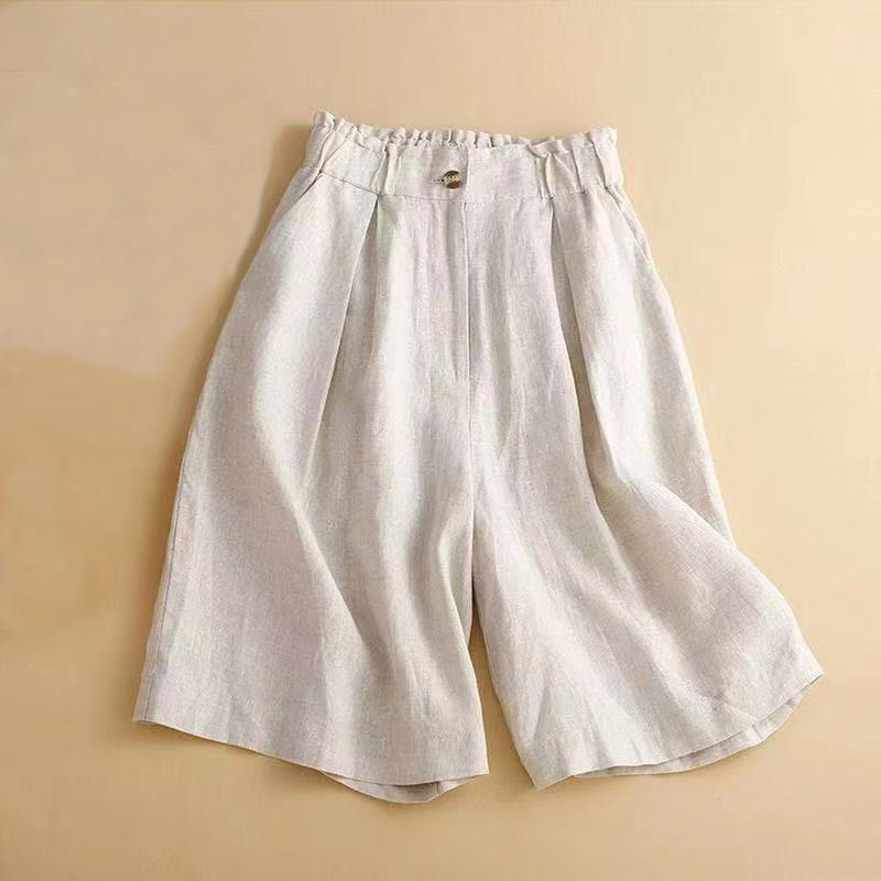 Buddha Stones Plain Color Pleated Zipper Button Cotton Linen Women's Shorts With Pockets - Beige - US12,UK/AU16,EU44 (3XL) - image 10