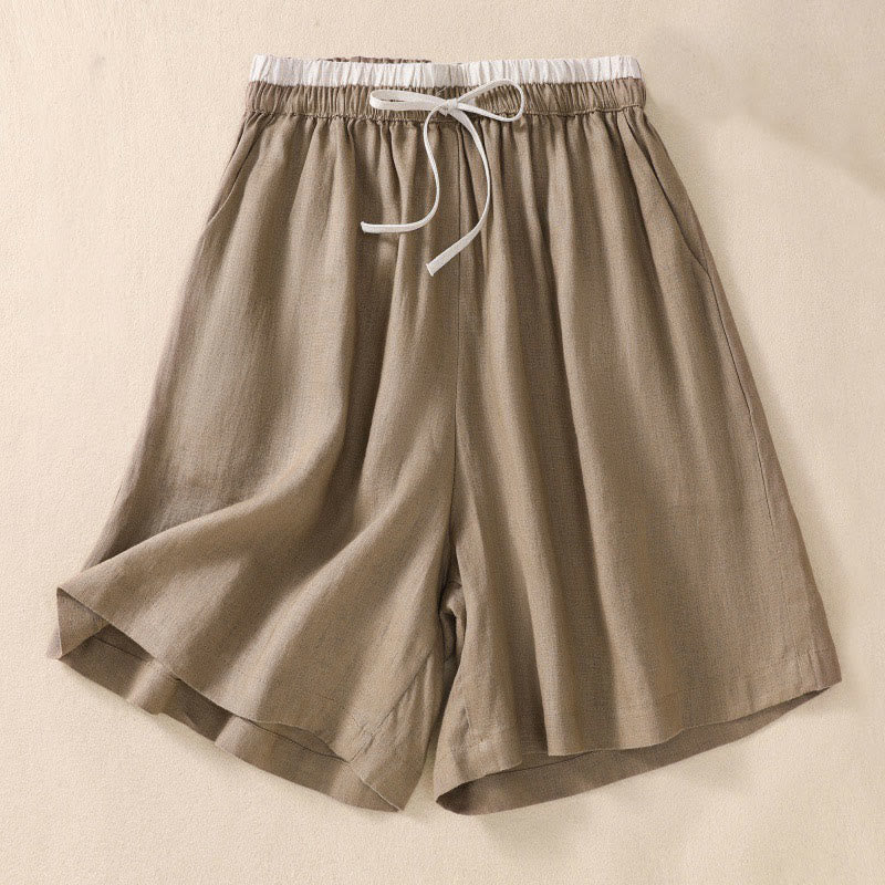 Buddha Stones Solid Color Contrast Color Waist Lace-up Cotton Linen Women's Shorts With Pockets - DarkKhaki - US8-10,UK/AU12-14,EU40-42 (2XL) - image 1
