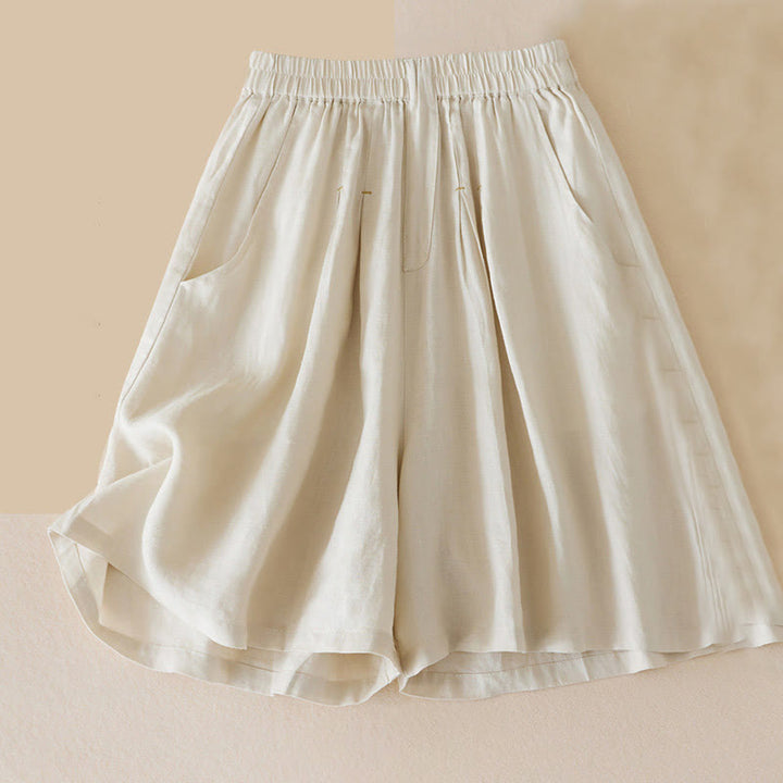 Buddha Stones Casual Solid Plain Color Cotton Linen Women's Shorts With Pockets - Beige - US12,UK/AU16,EU44 (3XL) - image 0