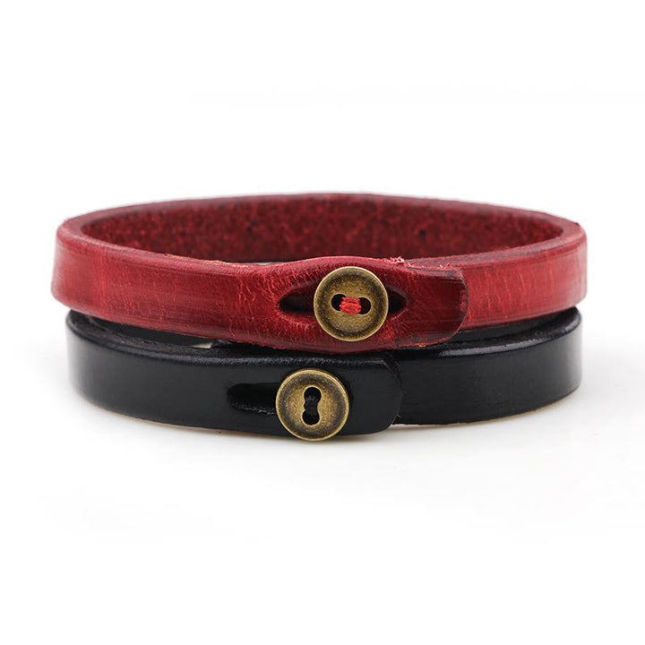 Buddha Stones Vintage Plain Leather Button Buckle Confidence Bracelet