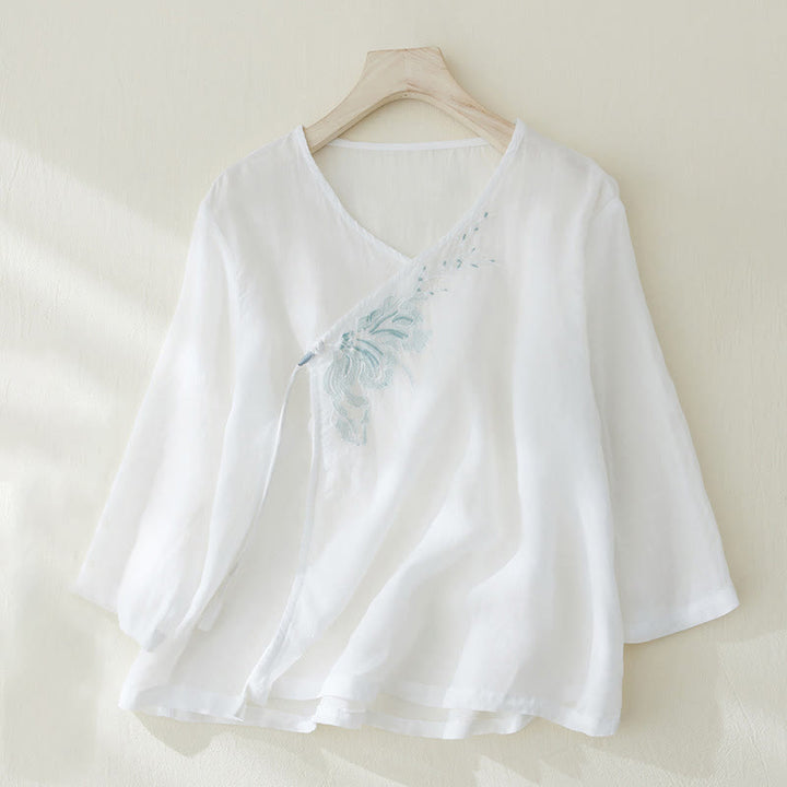 Buddha Stones Casual Women's Embroidery Plants Design Three Quarter Sleeve Cotton Linen Shirt - White - US8-10,UK/AU12-14,EU40-42 (2XL) - image 8