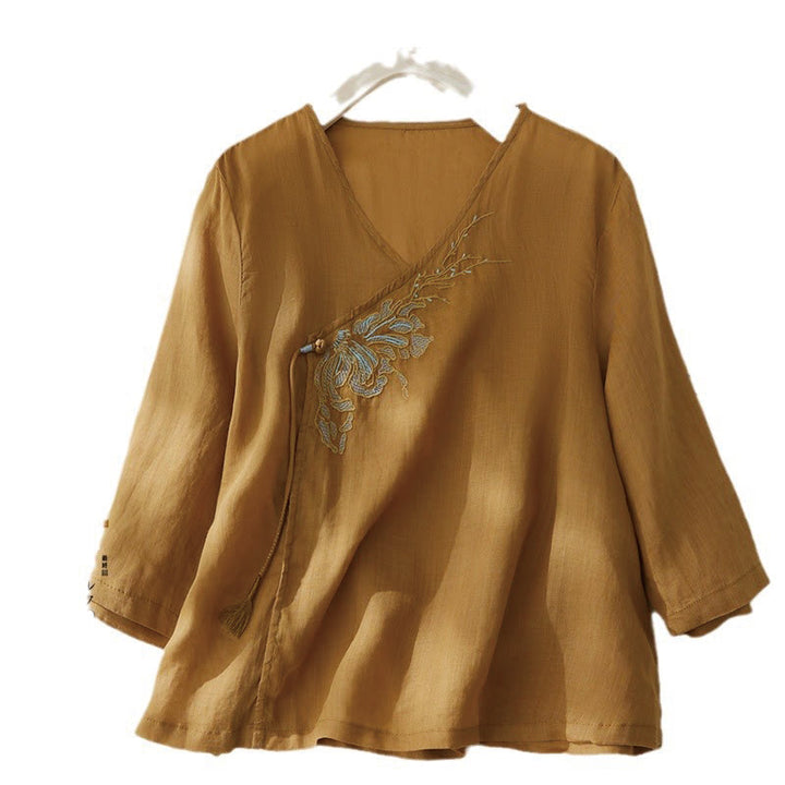 Buddha Stones Casual Women's Embroidery Plants Design Three Quarter Sleeve Cotton Linen Shirt - Orange - US8-10,UK/AU12-14,EU40-42 (2XL) - image 14