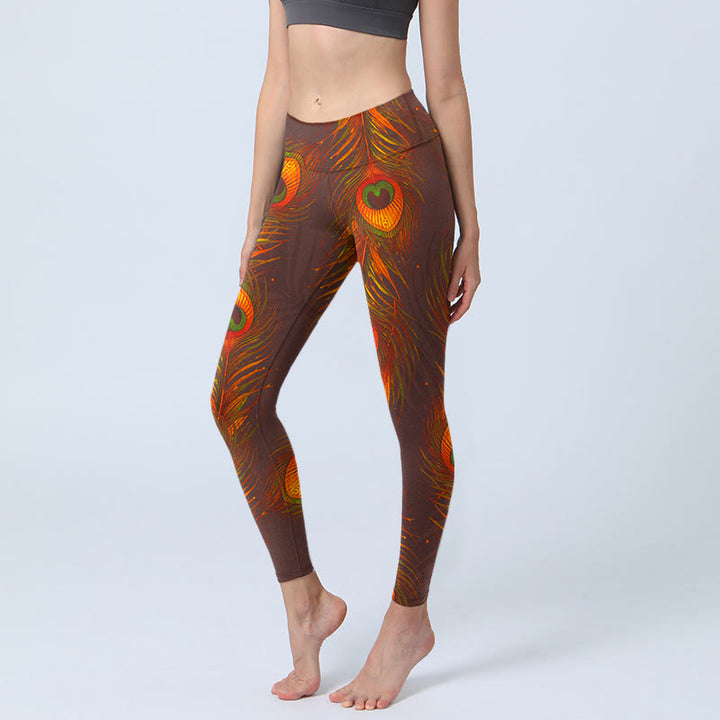Buddha Stones Brown Peacock Feathers Print Gym Leggings Women's Yoga Pants - SaddleBrown - US18,UK/AU22,EU50 (4XL) - image 1