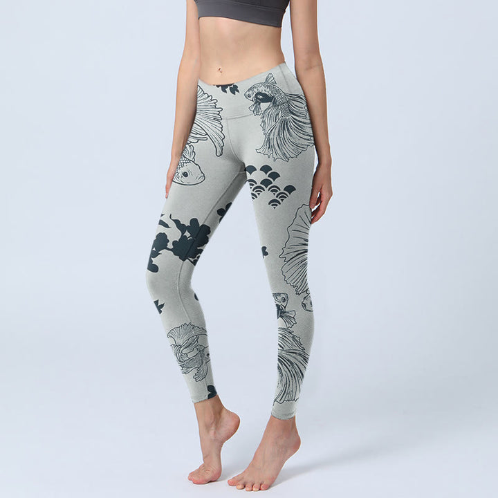 Buddha Stones Gray Koi Fish Floral Waves Print Gym Leggings Women's Yoga Pants - Silver - US18,UK/AU22,EU50 (4XL) - image 1