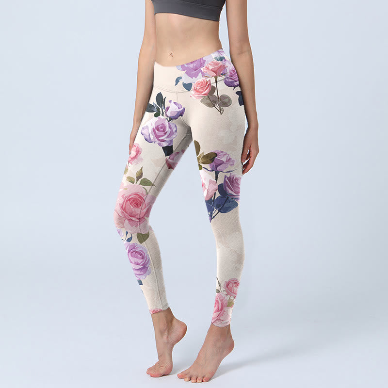 Buddha Stones Beige Rose Flowers Print Gym Leggings Women's Yoga Pants - Beige - US18,UK/AU22,EU50 (4XL) - image 1