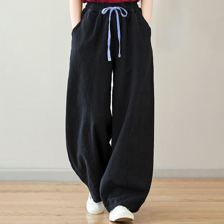 Buddha Stones Casual Plain Loose Rope Women's Cotton Linen Pants With Pockets - Black - US6,UK/AU10,EU38 (L) - image 0