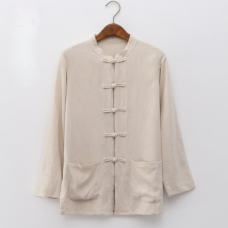 Buddha Stones Solid Color Frog-button Long Sleeve Cotton Linen Women's Shirts With Pockets - OldLace - US6,UK/AU10,EU38 (XL) - image 3