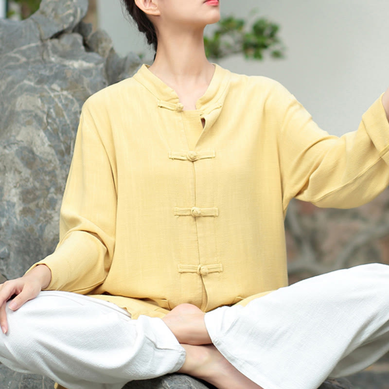 Buddha Stones Solid Color Frog-button Long Sleeve Cotton Linen Women's Shirts With Pockets - Khaki - US6,UK/AU10,EU38 (XL) - image 15