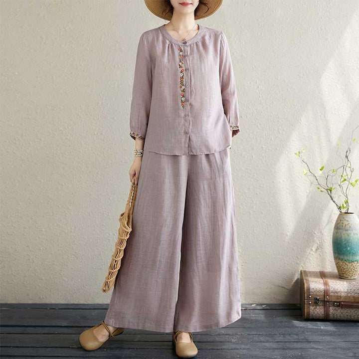 Buddha Stones 2Pcs Cotton Embroidery Flowers Shirt Top Pants Meditation Zen Tai Chi Clothing Women's Set - Thistle - US6,UK/AU10,EU38 (XL) - image 0