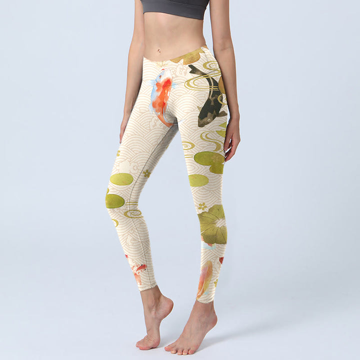 Buddha Stones Koi Fish Lotus Leaves Print Gym Leggings Women's Yoga Pants - Ivory - US18,UK/AU22,EU50 (4XL) - image 1