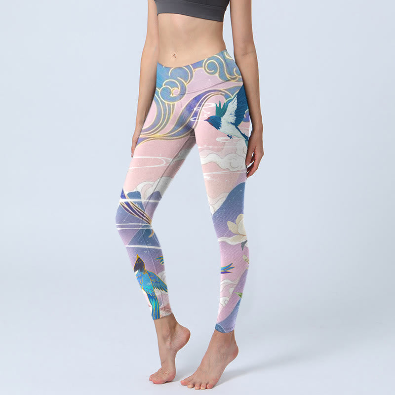 Buddha Stones Swallow Magpie Flower Mountain Auspicious Clouds Print Gym Leggings Women's Yoga Pants - Plum - US18,UK/AU22,EU50 (4XL) - image 1