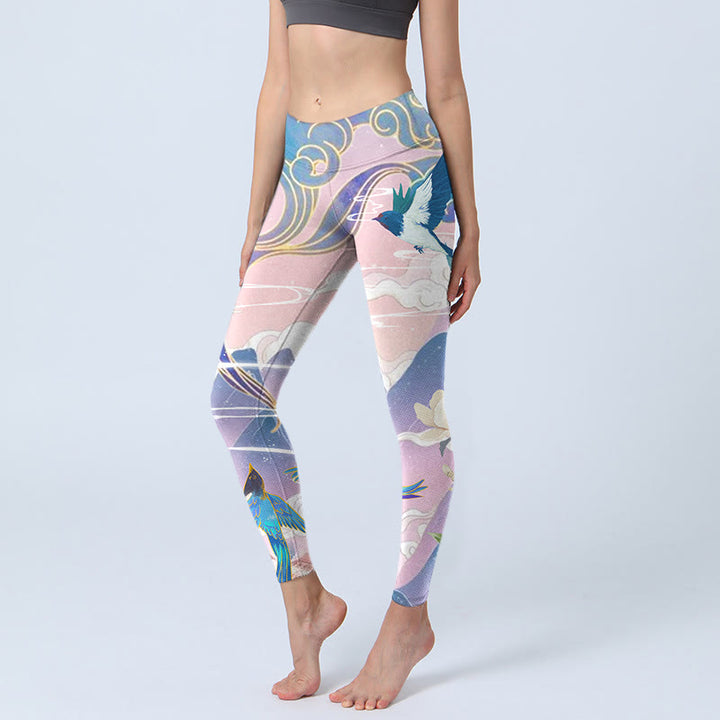 Buddha Stones Swallow Magpie Flower Mountain Auspicious Clouds Print Gym Leggings Women's Yoga Pants - Plum - US18,UK/AU22,EU50 (4XL) - image 1