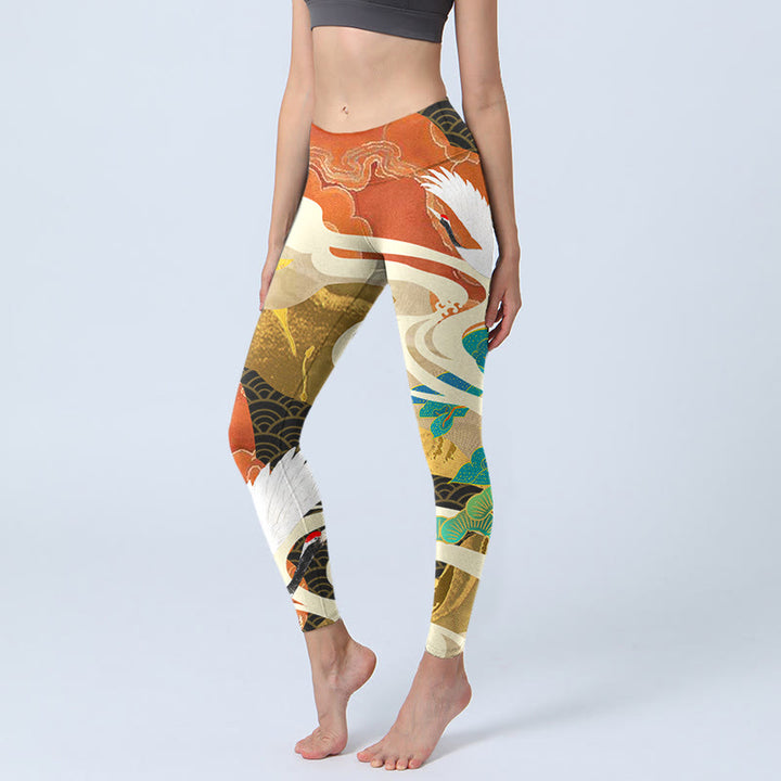 Buddha Stones Red-crowned Crane Auspicious Clouds Pine Tree Print Gym Leggings Women's Yoga Pants - IndianRed - US18,UK/AU22,EU50 (4XL) - image 1