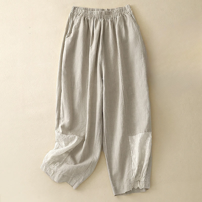 Buddha Stones Casual Embroidery Patchwork Fabric 7-8 Length Cropped Pants Women's Cotton Harem Pants With Pockets - Beige - US8-10,UK/AU12-14,EU40-42 (2XL) - image 5