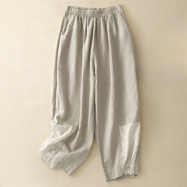 Buddha Stones Casual Embroidery Patchwork Fabric 7-8 Length Cropped Pants Women's Cotton Harem Pants With Pockets - Beige - US8-10,UK/AU12-14,EU40-42 (2XL) - image 5