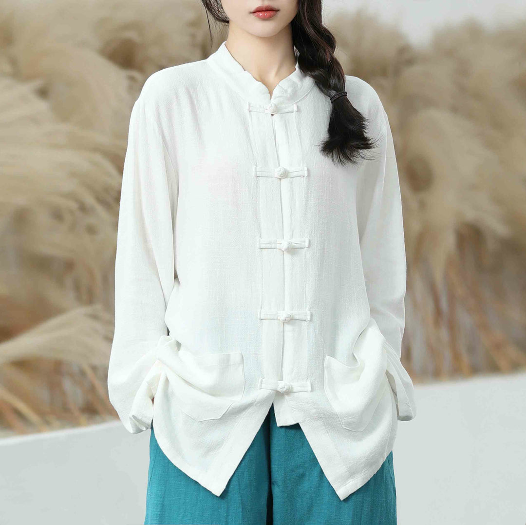 Buddha Stones Solid Color Frog-button Long Sleeve Cotton Linen Women's Shirts With Pockets - White - US6,UK/AU10,EU38 (XL) - image 1