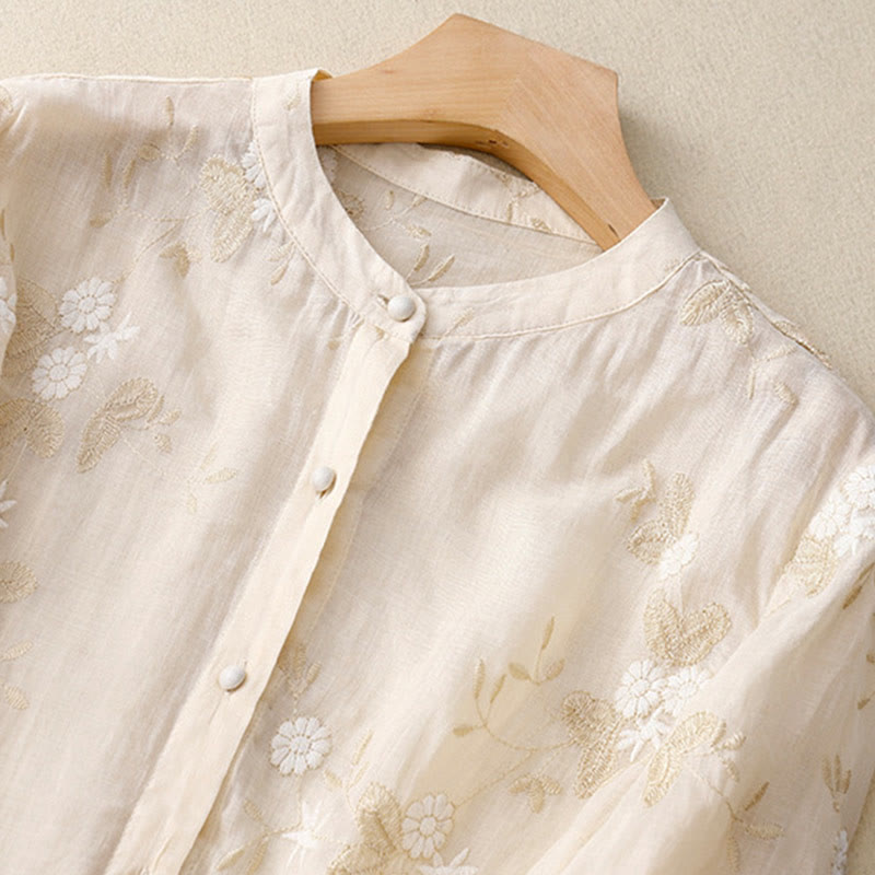 Buddha Stones Casual Embroidered Petals Spliced Organza Women's Crew Neck Design Half Sleeve Cotton Cardigan Shirt - image 6