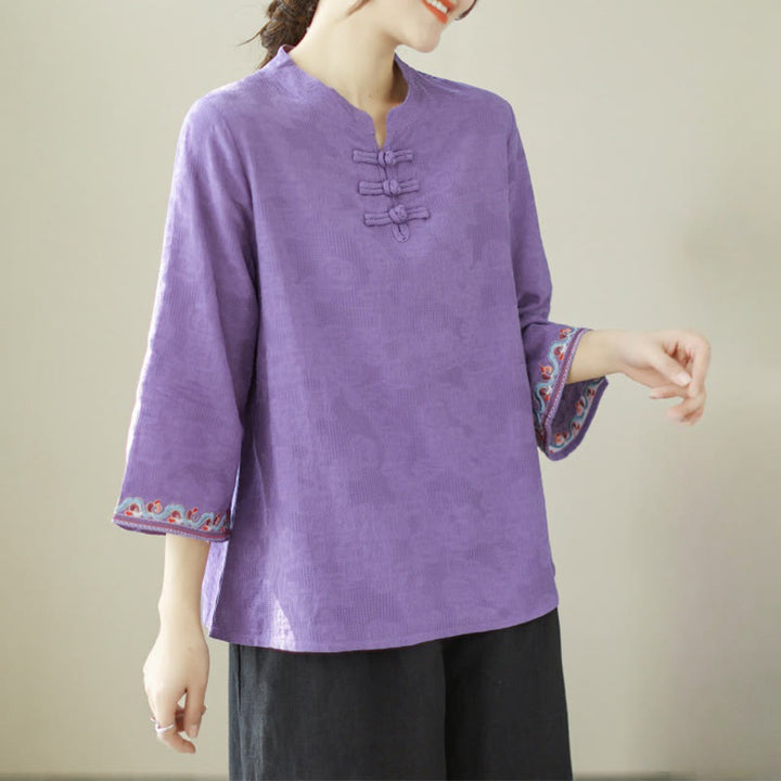 Buddha Stones Casual Jacquard Frog-Button Women's Crew Neck Design Three Quarter Sleeve Cotton Linen Shirt - BlueViolet - US8-10,UK/AU12-14,EU40-42 (2XL) - image 20