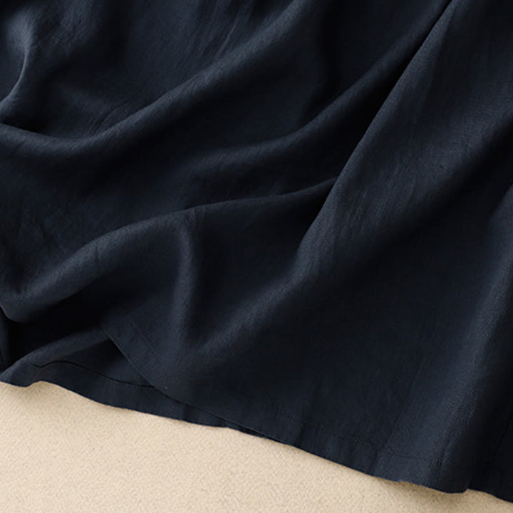 Buddha Stones Casual Plain Crew Neck Lace-up Half Sleeve Cotton Linen Midi Dress With Pockets - image 6