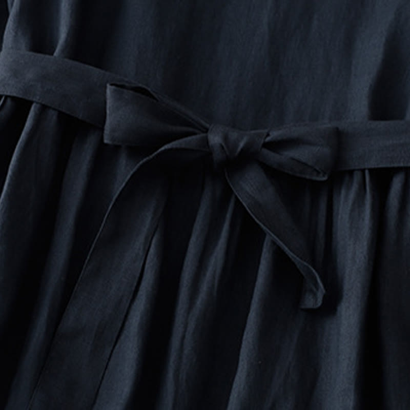 Buddha Stones Casual Plain Crew Neck Lace-up Half Sleeve Cotton Linen Midi Dress With Pockets - image 7