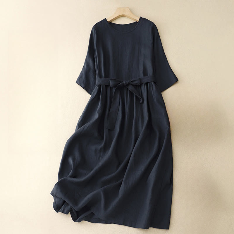 Buddha Stones Casual Plain Crew Neck Lace-up Half Sleeve Cotton Linen Midi Dress With Pockets - image 2