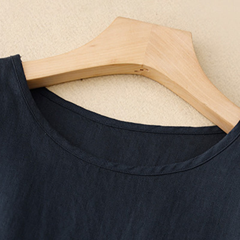 Buddha Stones Casual Plain Crew Neck Lace-up Half Sleeve Cotton Linen Midi Dress With Pockets - image 4