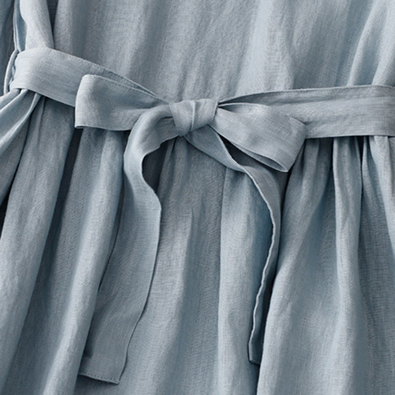 Buddha Stones Casual Plain Crew Neck Lace-up Half Sleeve Cotton Linen Midi Dress With Pockets - image 11