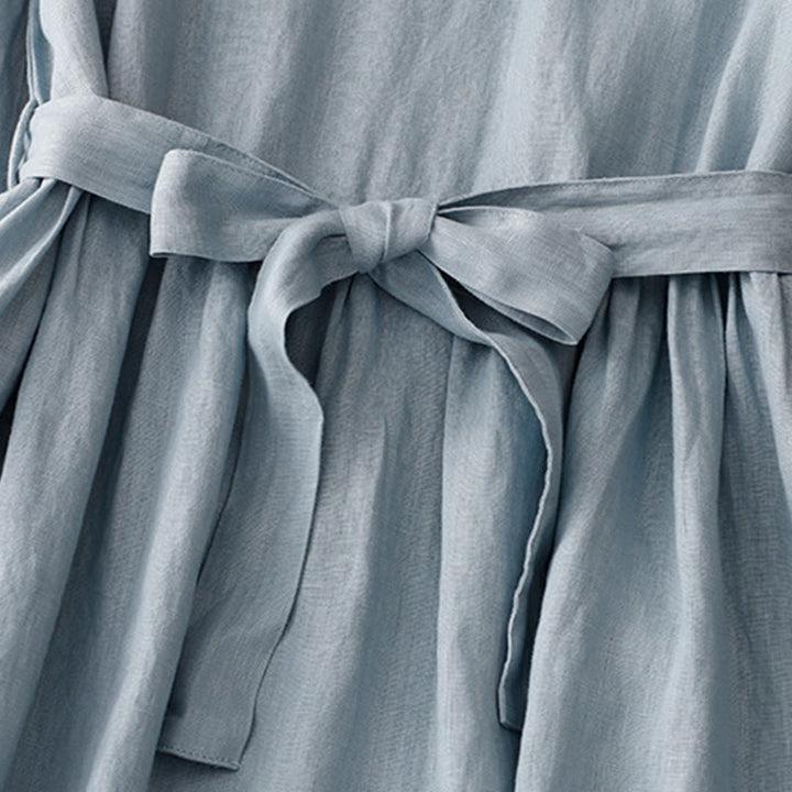 Buddha Stones Casual Plain Crew Neck Lace-up Half Sleeve Cotton Linen Midi Dress With Pockets - image 11