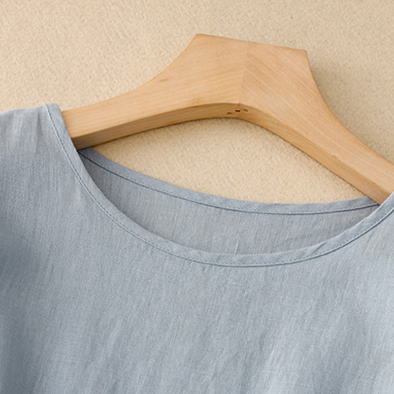 Buddha Stones Casual Plain Crew Neck Lace-up Half Sleeve Cotton Linen Midi Dress With Pockets - image 10