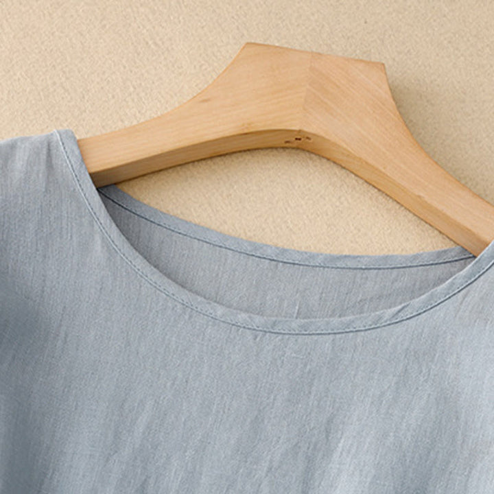 Buddha Stones Casual Plain Crew Neck Lace-up Half Sleeve Cotton Linen Midi Dress With Pockets - image 10