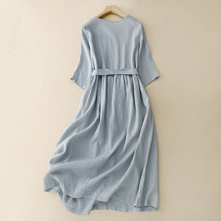 Buddha Stones Casual Plain Crew Neck Lace-up Half Sleeve Cotton Linen Midi Dress With Pockets - image 9