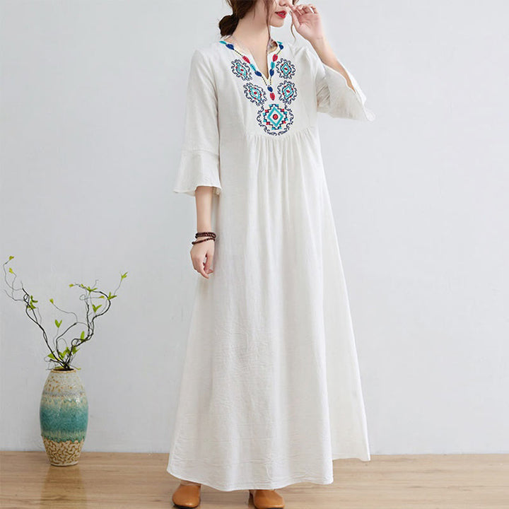 Buddha Stones Casual Embroidered Flower Pattern V-neck Three Quarter Sleeve Design Cotton Linen Midi Dress - Snow - US8-10,UK/AU12-14,EU40-42 (2XL) - image 1