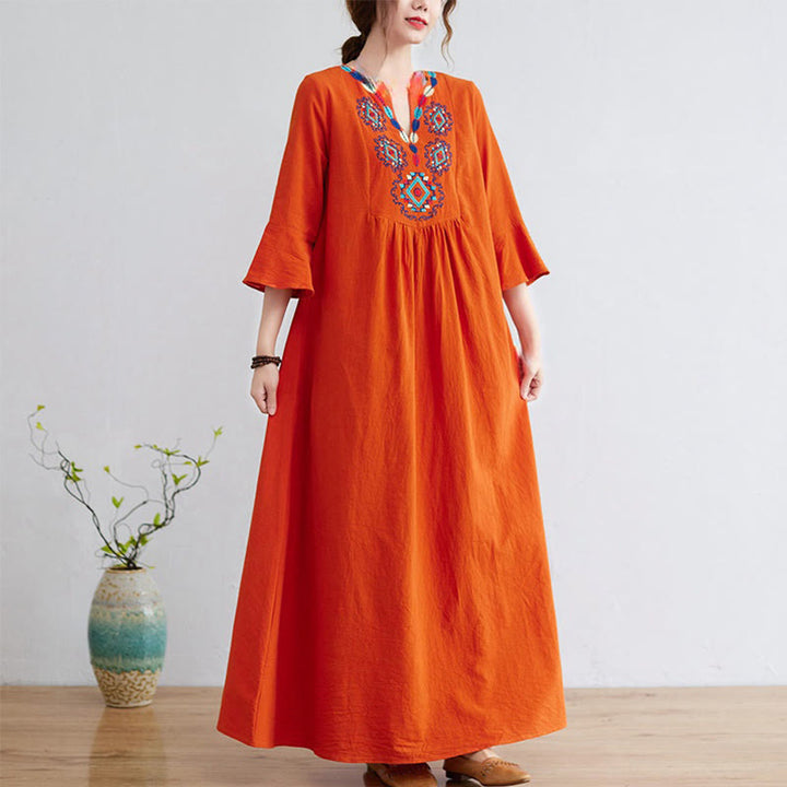 Buddha Stones Casual Embroidered Flower Pattern V-neck Three Quarter Sleeve Design Cotton Linen Midi Dress - Coral - US8-10,UK/AU12-14,EU40-42 (2XL) - image 9