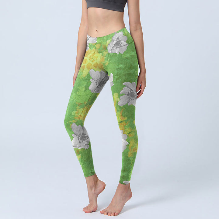 Buddha Stones Yellow-green Gray Flowers Print Sports Fitness Leggings Women's Yoga Pants - YellowGreen - US18,UK/AU22,EU50 (4XL) - image 1