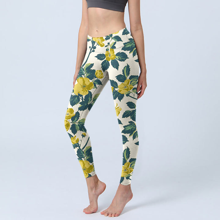 Buddha Stones Yellow Flowers Green Leaves Print Gym Fitness Leggings Women's Yoga Pants - Cornsilk - US18,UK/AU22,EU50 (4XL) - image 1