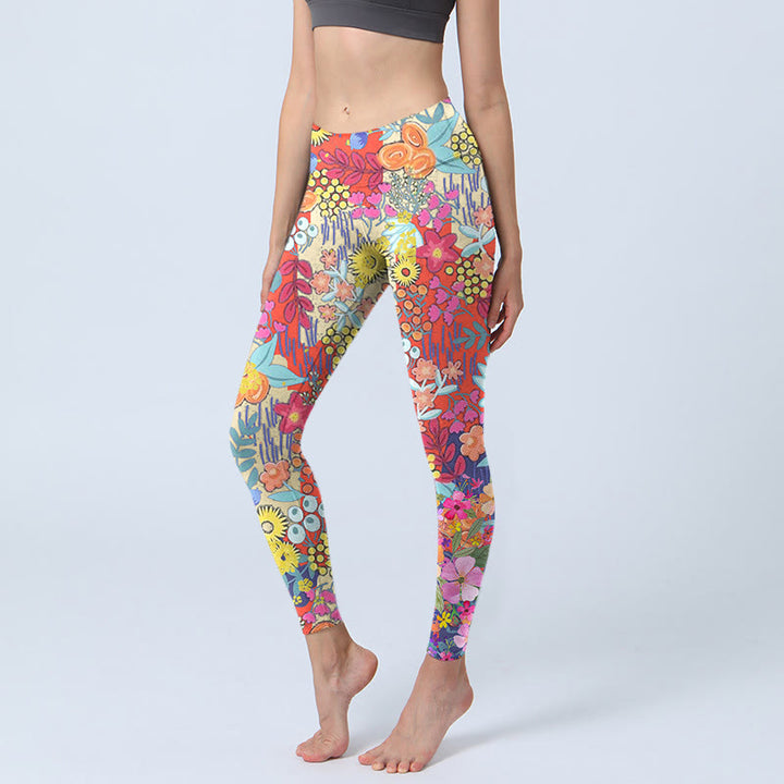 Buddha Stones Colorful Flowers Leaves Print Gym Fitness Leggings Women's Yoga Pants - PaleVioletRed - US18,UK/AU22,EU50 (4XL) - image 1