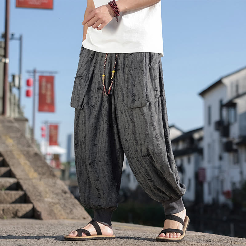 Buddha Stones Solid Color Hole Design Drawstring Cotton Men's Wide Leg Pants With Pockets - Gray - US/UK/AU46,EU56 (5XL) - image 0